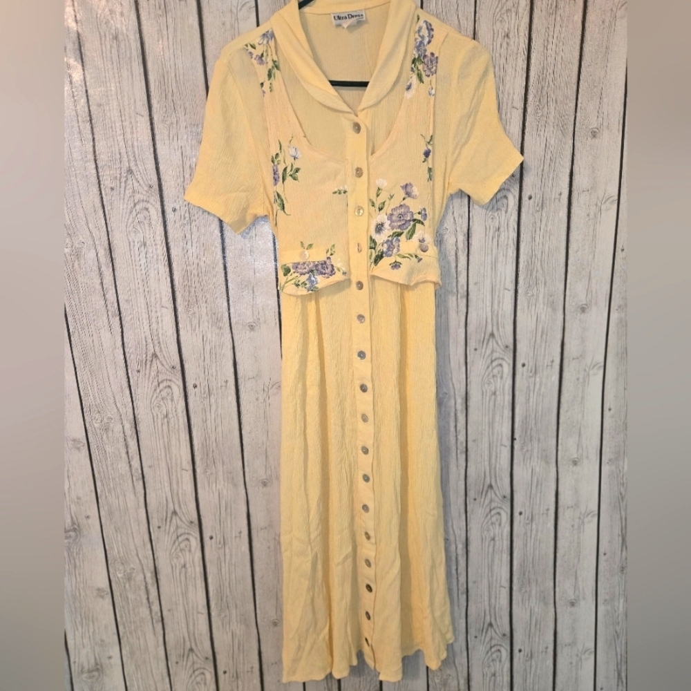 Ultra Dress Women's Shirt Dress with Vest Embroidered Floral Pockets Vintage